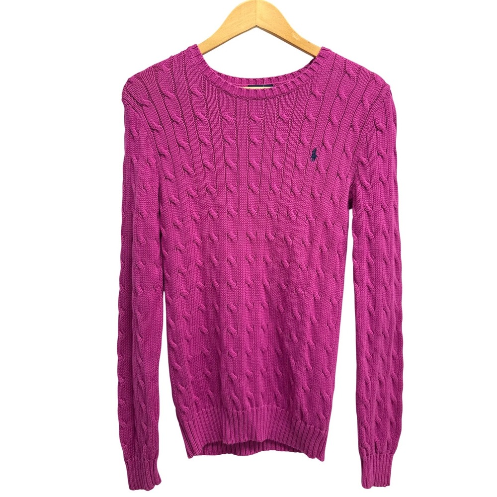 Polo Ralph Lauren Womens Magenta Pink Cable Knit Cotton Sweater Crew Neck Size M